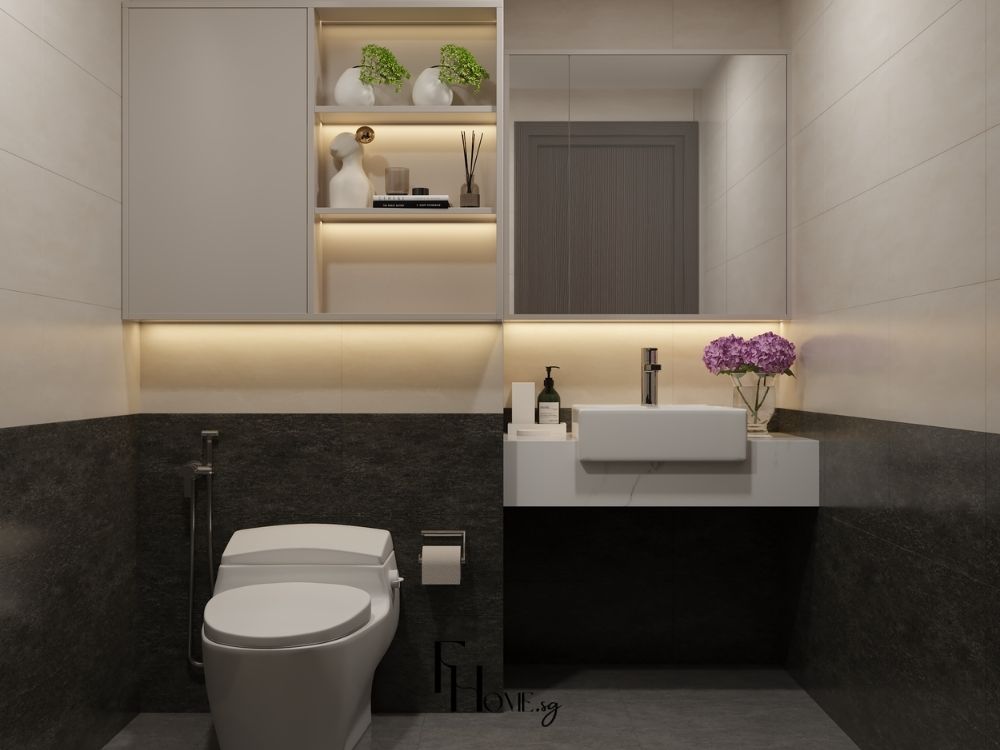 Phòng vệ sinh chung cư 80m2 với thiết kế thông minh, gương LED và không gian tối giản