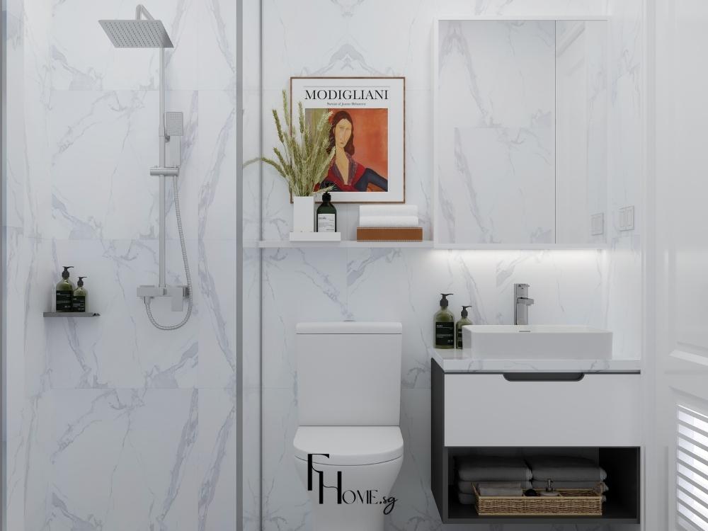 Phòng vệ sinh nhà phố 4 tầng, thiết kế với gạch ốp sáng màu, vách kính tắm đứng, lavabo treo tường