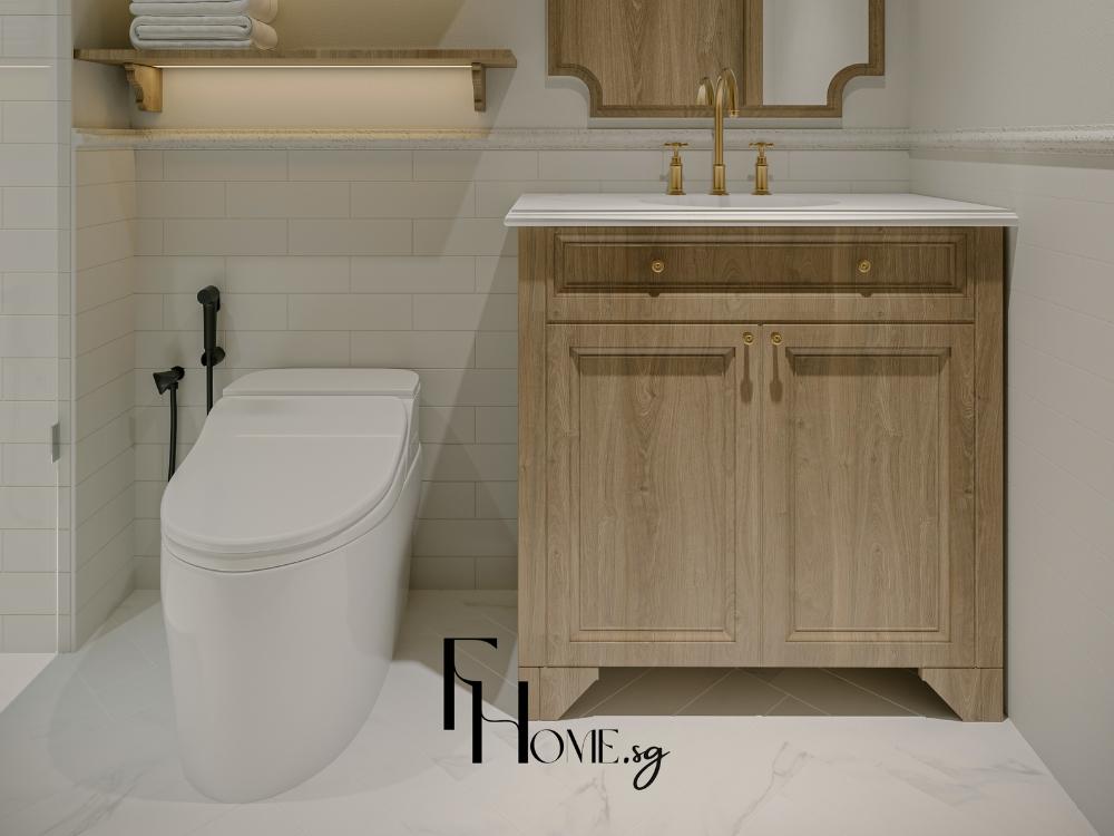 Phòng vệ sinh nhà phố 4x16m bố trí các thiết bị tối giản, sắp xếp hợp lý, tạo không gian sử dụng tiện nghi và rộng rãi hơn