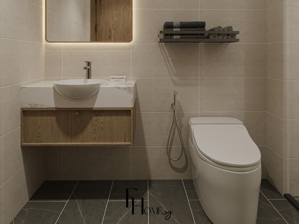 Phòng vệ sinh nhà phố 4x16m với hệ thống chiếu sáng tốt và bố trí hợp lý, tạo cảm giác sạch sẽ, hiện đại và dễ sử dụng