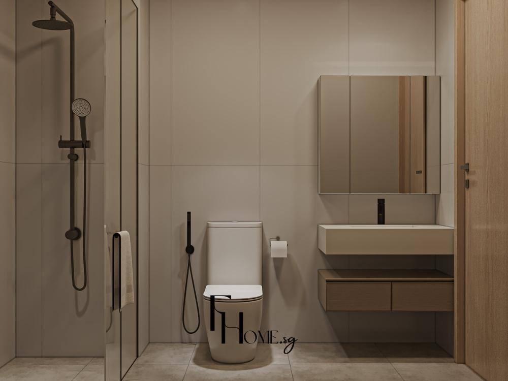 Phòng vệ sinh nhà phố 4x16m với thiết kế tiết kiệm không gian, sử dụng chậu rửa treo tường