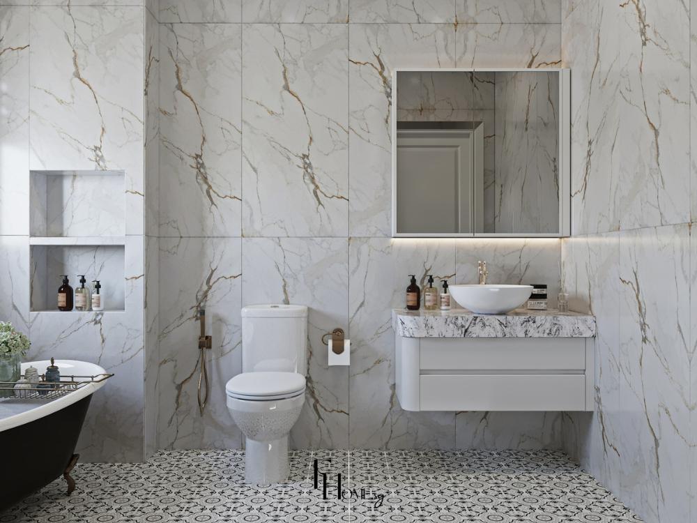 Phòng vệ sinh nhà phố 90m² với bố cục thông minh, lối đi rộng rãi, tận dụng ánh sáng tự nhiên và quạt thông gió