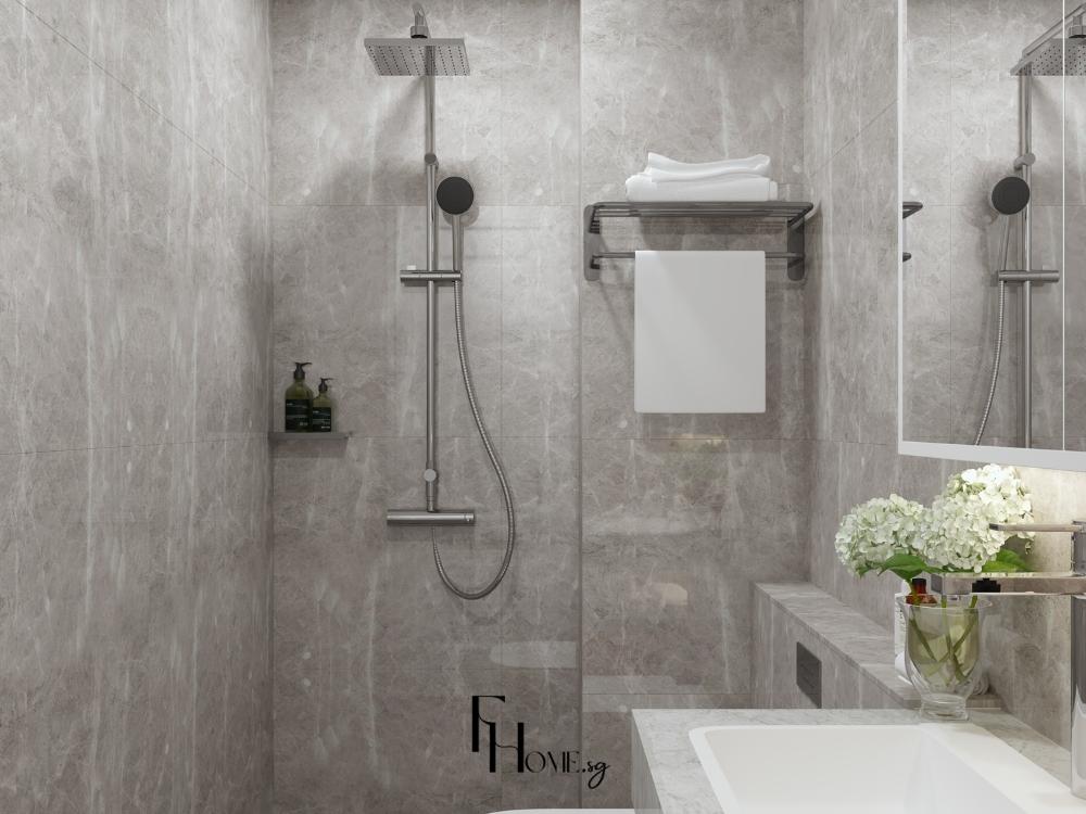 Phòng vệ sinh nhà phố, bố trí bồn tắm đứng quạt hút gió âm tường, sàn gạch nhám chống trượt