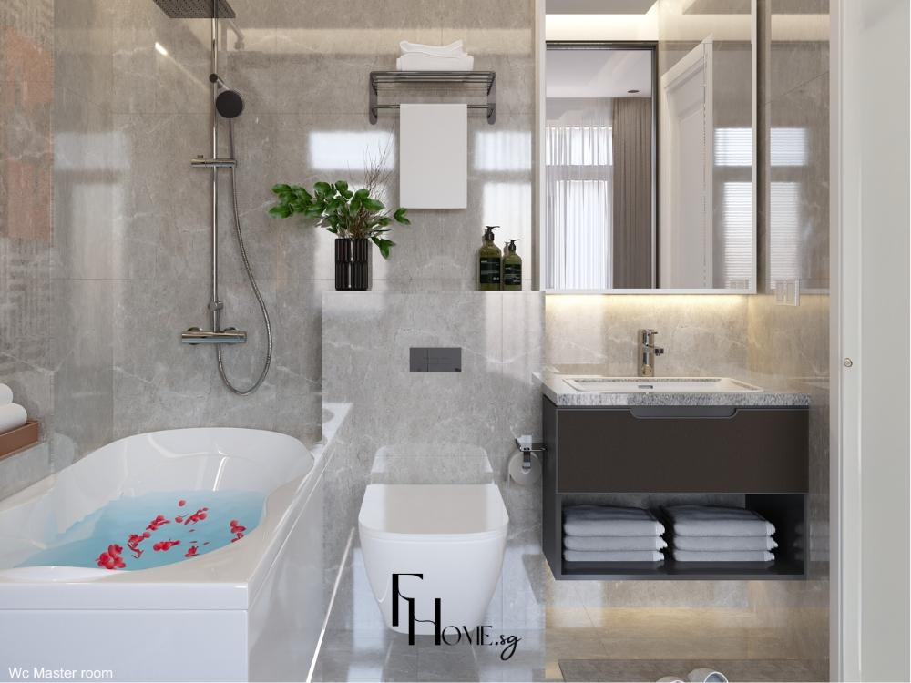 Phòng vệ sinh nhà phố thiết kế với tông màu xám trắng sạch sẽ 