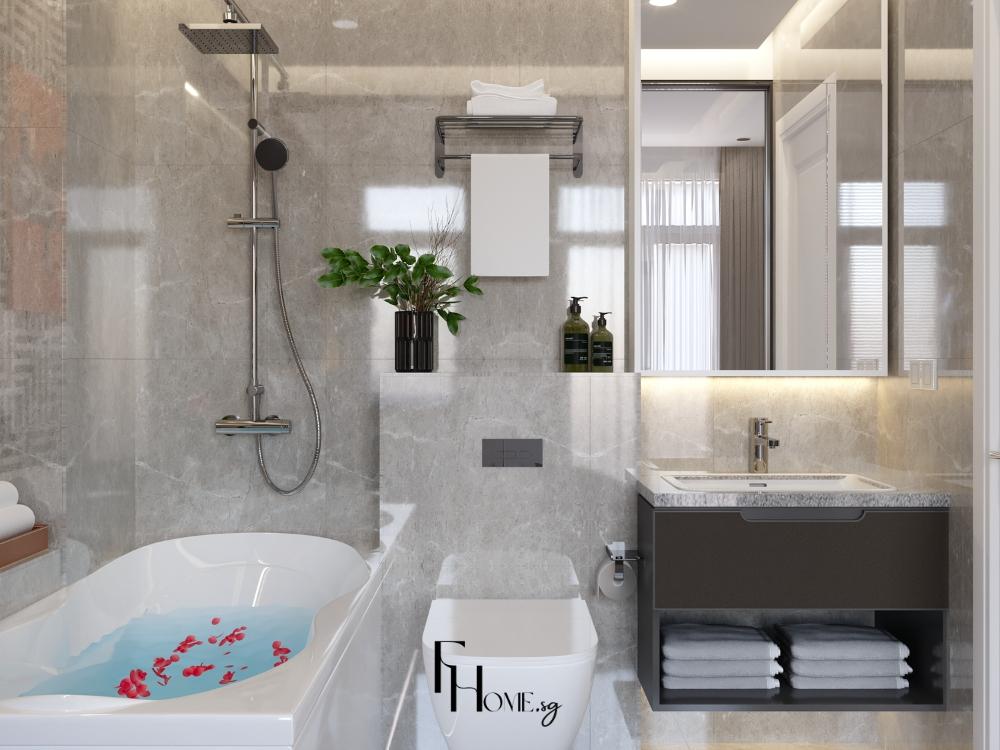 Phòng vệ sinh nhỏ gọn sử dụng bồn cầu và chậu rửa treo tường, tối ưu không gian sàn cho cảm giác thoáng rộng