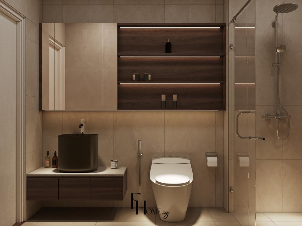 Phòng vệ sinh phong cách Nhật Bản với lavabo gỗ, gạch sáng màu và tủ lưu trữ âm tường