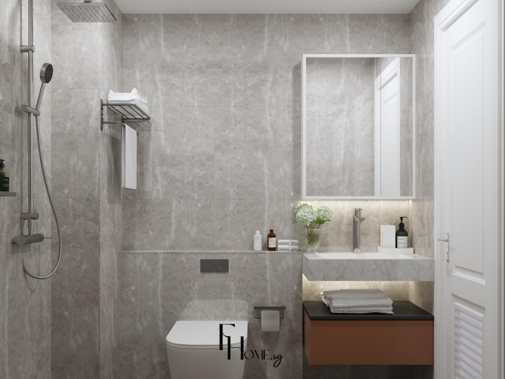 Phòng vệ sinh/phòng tắm với thiết bị treo tường, vách tắm kính phân khu ướt và khô, tạo không gian tiện nghi và thoáng đãng