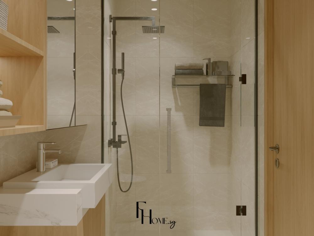 Phòng vệ sinh thiết kế hiện đại, sử dụng gam màu sáng và đường nét gọn gàng, thể hiện gu thẩm mỹ tinh tế của gia chủ.