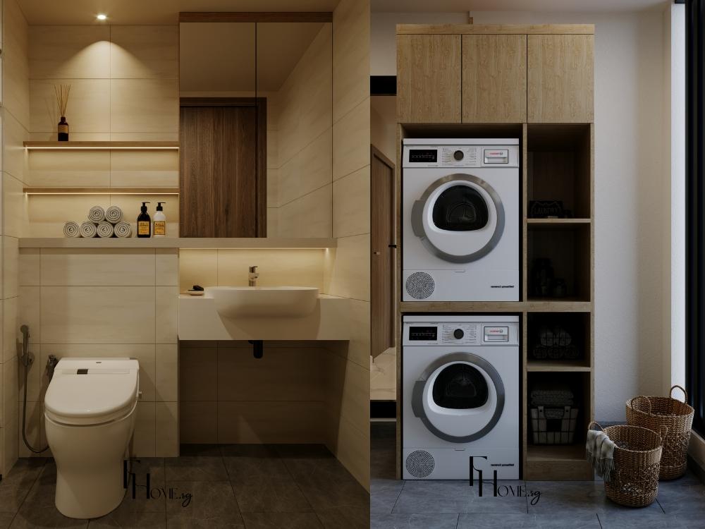 Phòng vệ sinh chung cư 2 phòng ngủ cho thuê với bền lababo gắn tưởn kết hợp kệ đựng đồ sát tường tối ưu