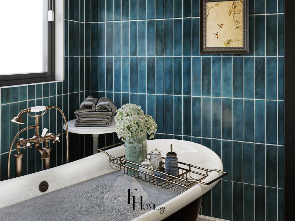 Phòng vệ sinh với bồn tắm lớn kết hợp tông màu xanh sang trọng