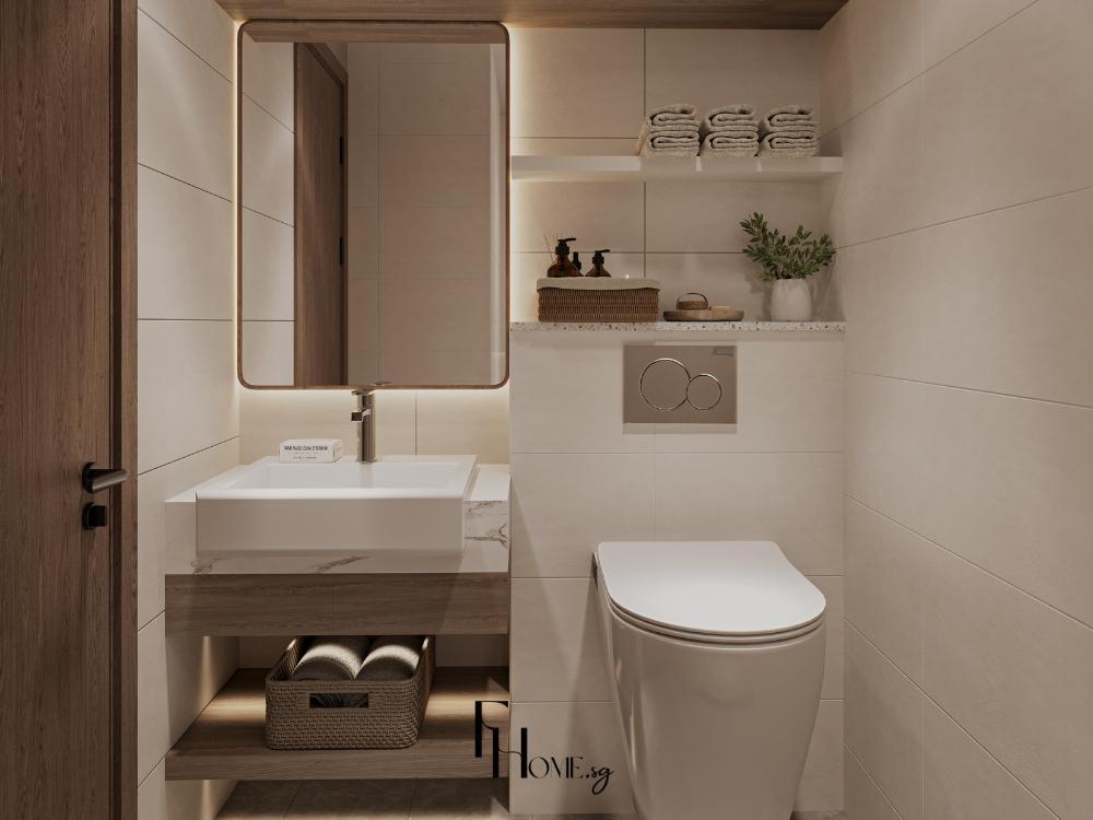 Phòng vệ sinh 3 phòng ngủ với lavabo nhỏ gọn, tủ âm tường và vòi hoa sen linh hoạt