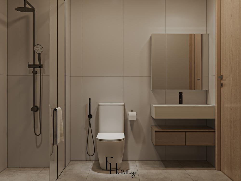 Phòng vệ sinh chung cư 2 phòng ngủ theo phong cách tối giản với gạch màu trắng sạch sẽ