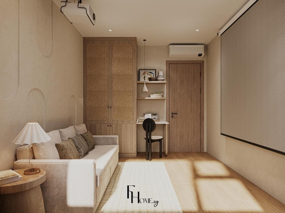 Phòng khách rộng rãi kết hợp không gian làm việc tối ưu