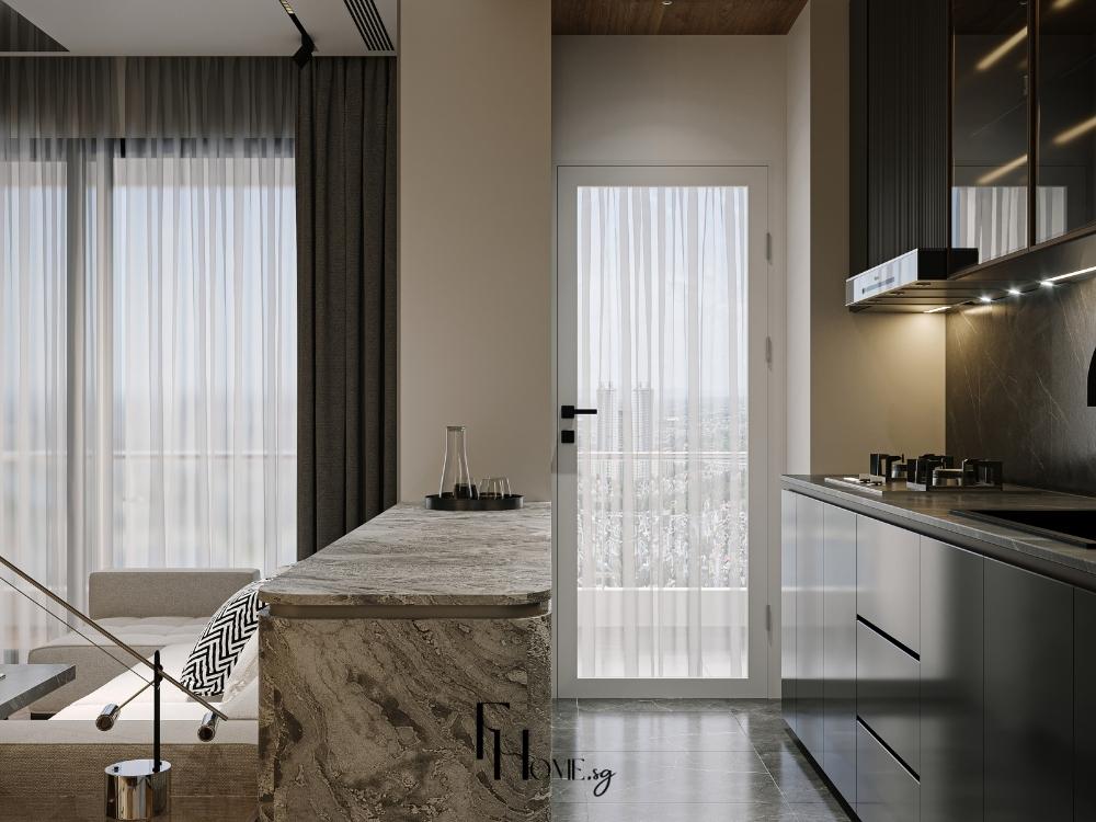 Quầy bar mini linh hoạt có thể dùng làm bàn ăn sáng hoặc nơi tiếp khách thân mật trong không gian bếp