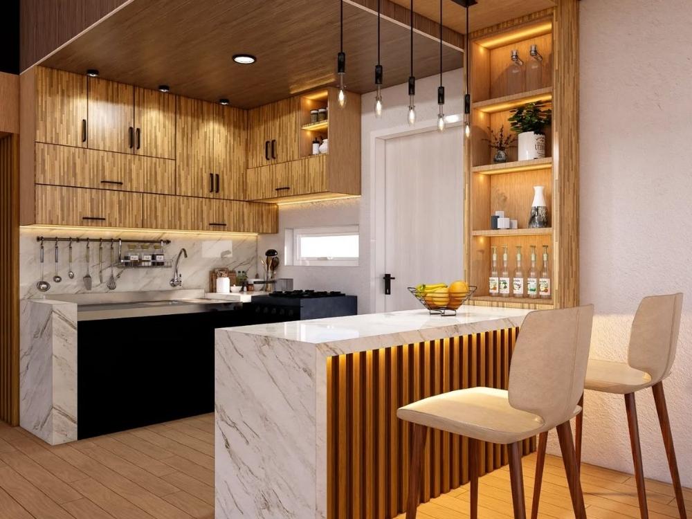 Quầy bar mini tích hợp kệ treo ly và tủ rượu, tạo không gian thư giãn và giao lưu cho gia đình