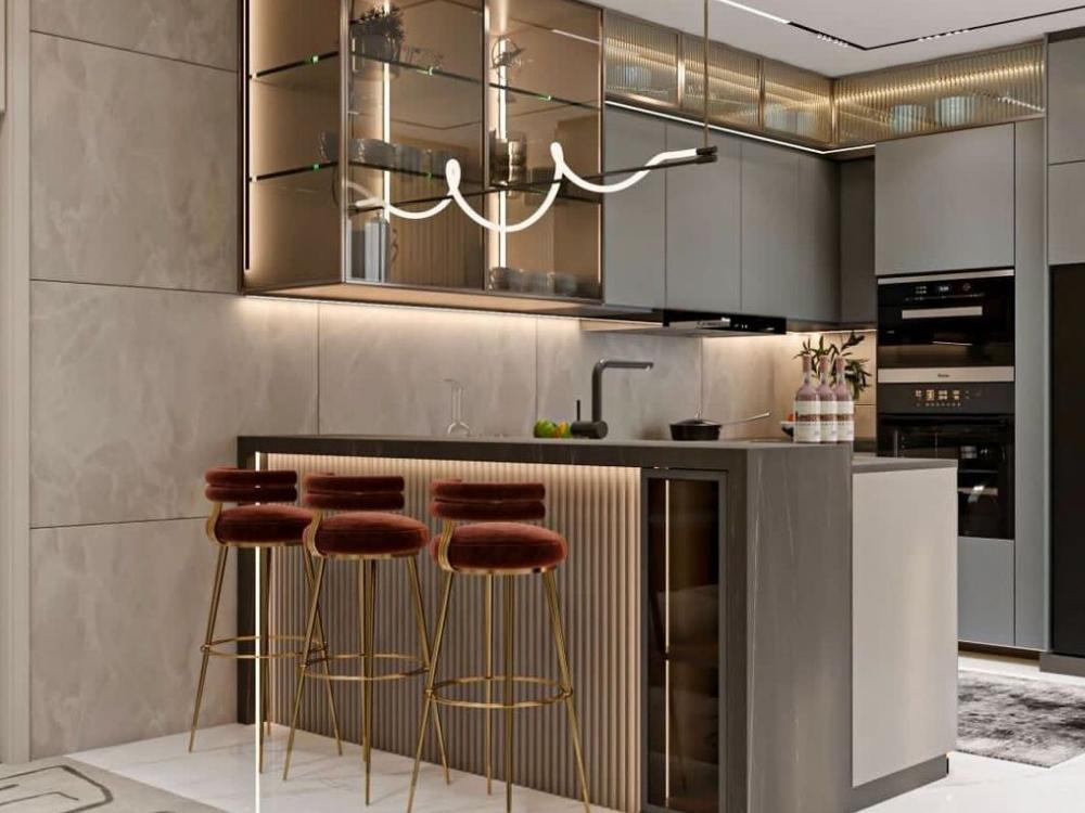 Quầy bar mini trong bếp chung cư với đèn LED, kệ treo ly