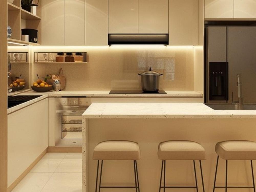 Quầy bar nhỏ gọn trong bếp chung cư giúp tối ưu hóa công năng và giữ lối đi luôn thông thoáng
