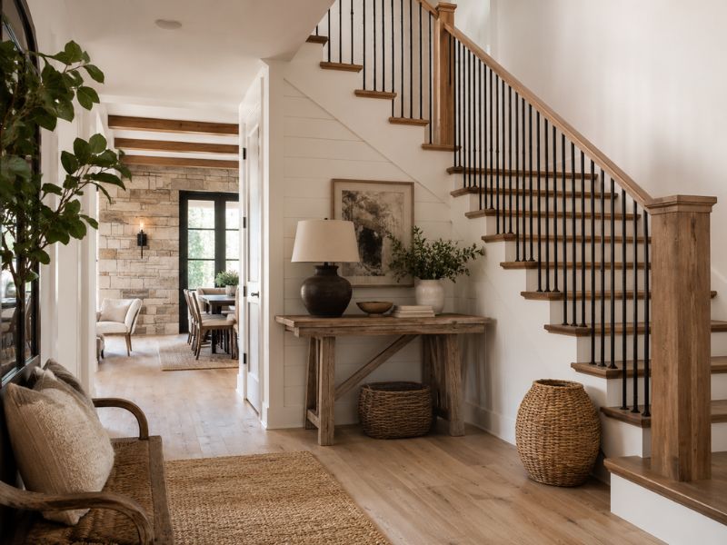 Sảnh cầu thang phong cách thiết kế nội thất Farmhouse với cầu thang gỗ, lan can sắt đen, bàn console gỗ mộc và giỏ đan trang trí