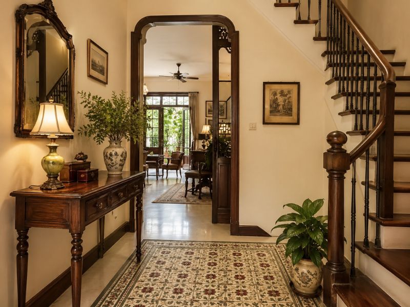 Sảnh cầu thang phong cách thiết kế nội thất Vintage với bàn console gỗ, gương khung cổ điển, đèn bàn, gạch hoa và cửa vòm gỗ