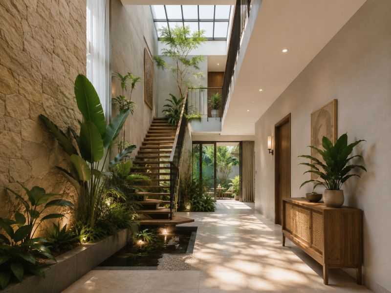 Sảnh hành lang nhà phố theo phong cách thiết kế nội thất Tropical Modern với cầu thang, giếng trời, tiểu cảnh nước và nhiều cây xanh