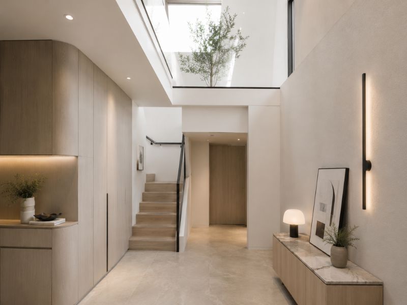 Sảnh hành lang phong cách thiết kế nội thất Đài Loan với tủ âm tường màu sáng, bàn console nhỏ, cầu thang thẳng và giếng trời lấy sáng tự nhiên