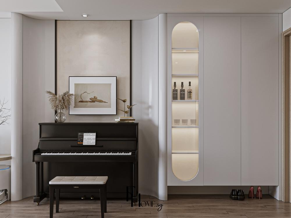 Sảnh nhà sang trọng với chiếc piano đặt làm điểm nhấn trung tâm, thể hiện gu thẩm mỹ và phong cách sống tinh tế của gia chủ