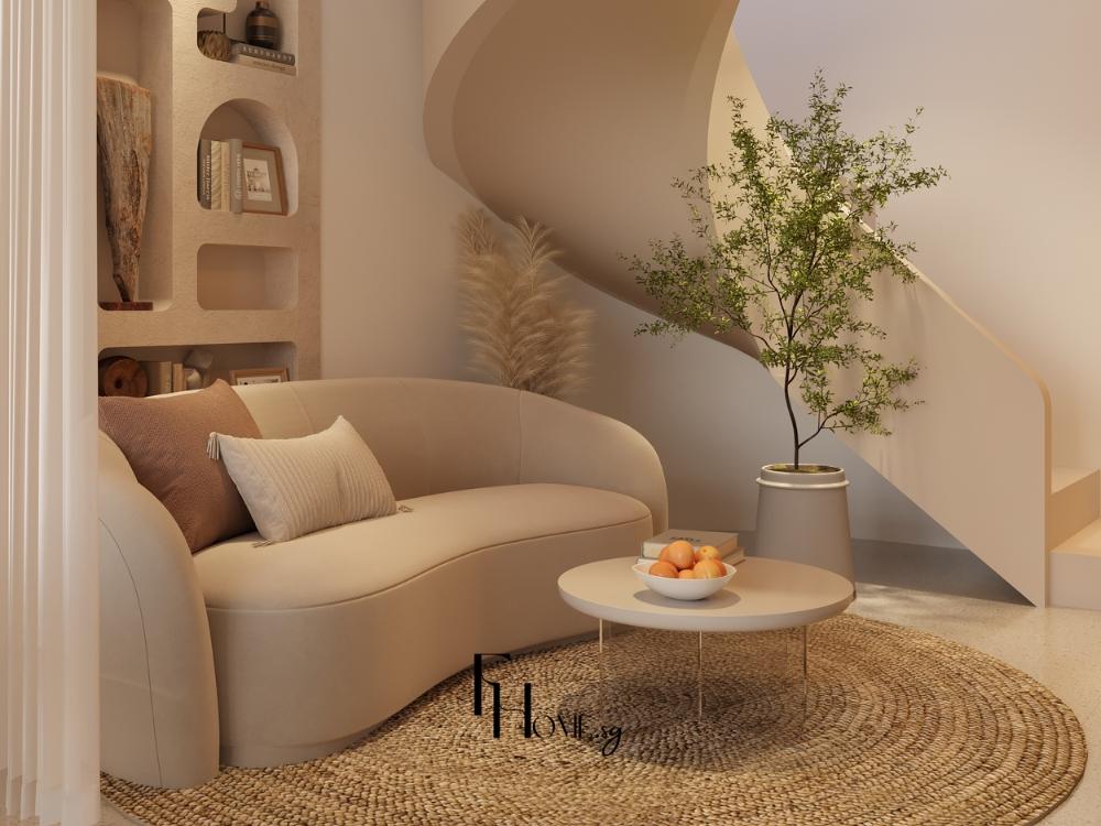 Sofa đơn tông màu nhạt, đồng bộ với tổng thể nội thất, mang lại cảm giác thoáng đãng và gọn gàng
