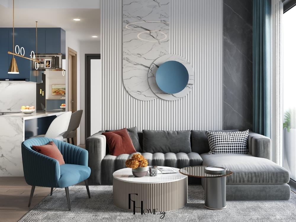 Sofa phòng khách tựa lưng vào tường, tạo trung tâm thoáng đãng theo nguyên tắc phong thủy