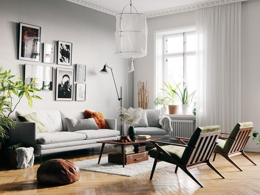 Sofa và ghế bọc lanh, kết hợp thảm len, mang đến cảm giác ấm cúng và thân thiện