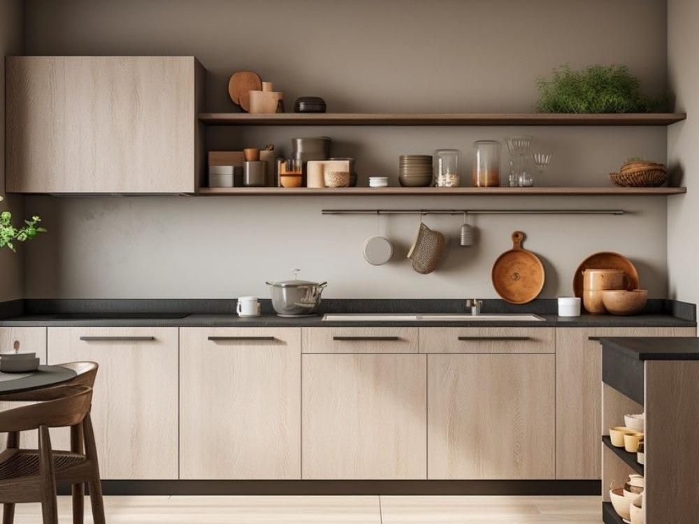 Sử dụng kệ treo tường đa năng để sắp xếp gia vị, chén đĩa và các vật dụng nấu nướng tối ưu không gian