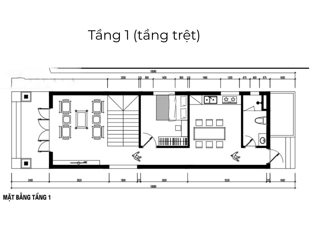 Sưu tầm - Bản vễ mặt bằng tầng 1 (tầng trệt) nhà phố 2 tầng 4x16m