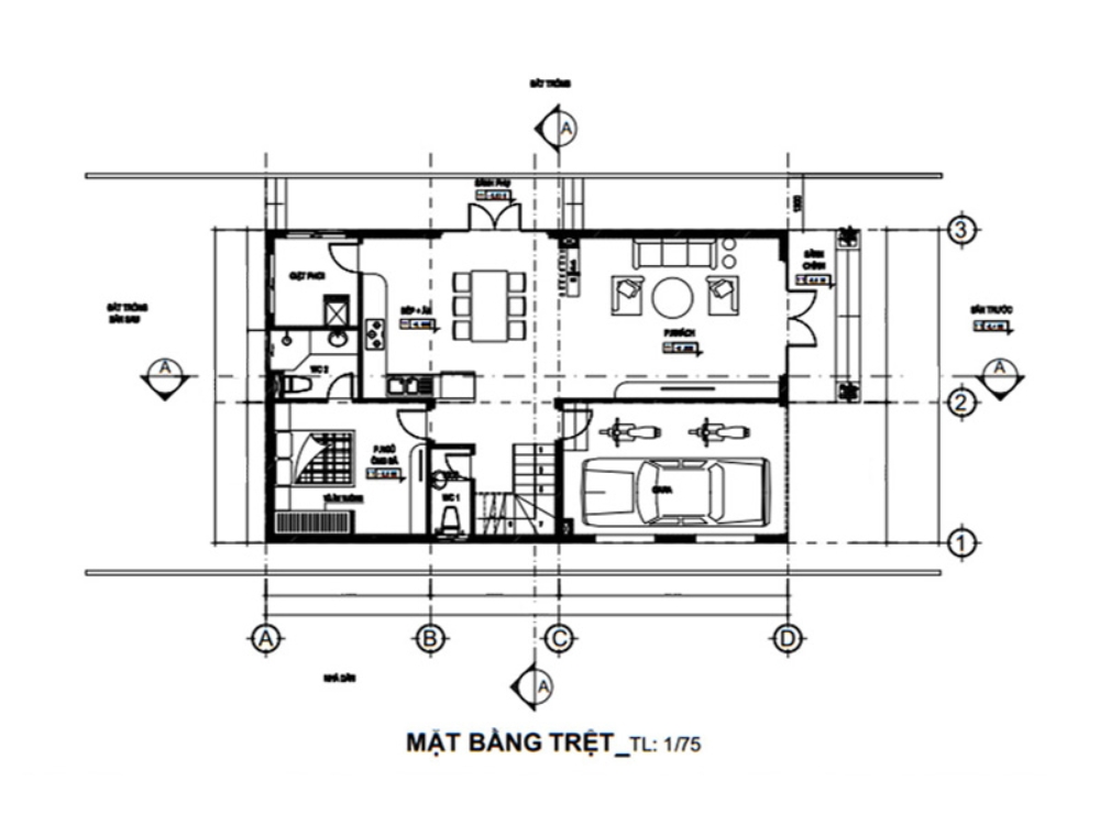 Sưu tầm - Bản vẽ mặt bằng tầng 1 (tầng trệt) nhà phố 2 tầng 90m2