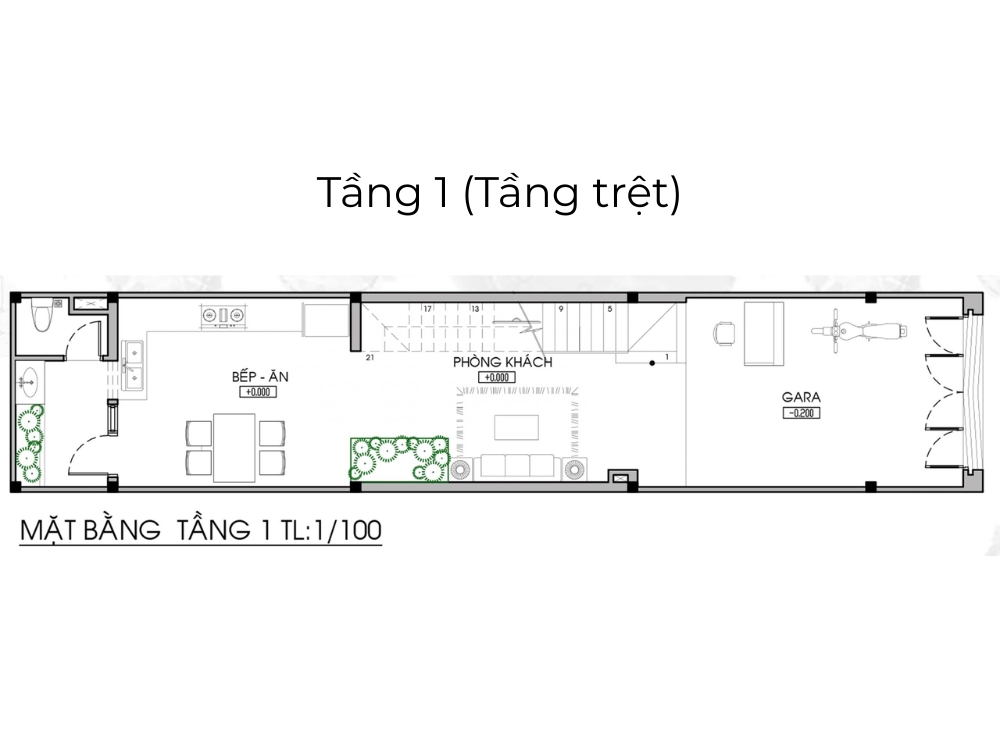 Sưu tầm - Bản vễ mặt bằng tầng 1 (tầng trệt) nhà phố 3 tầng 4x16m