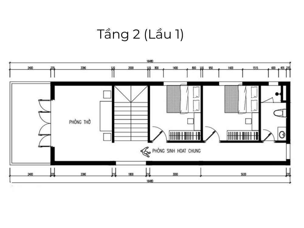 Sưu tầm - Bản vễ mặt bằng tầng 2 (lầu 1) nhà phố 2 tầng 4x16m