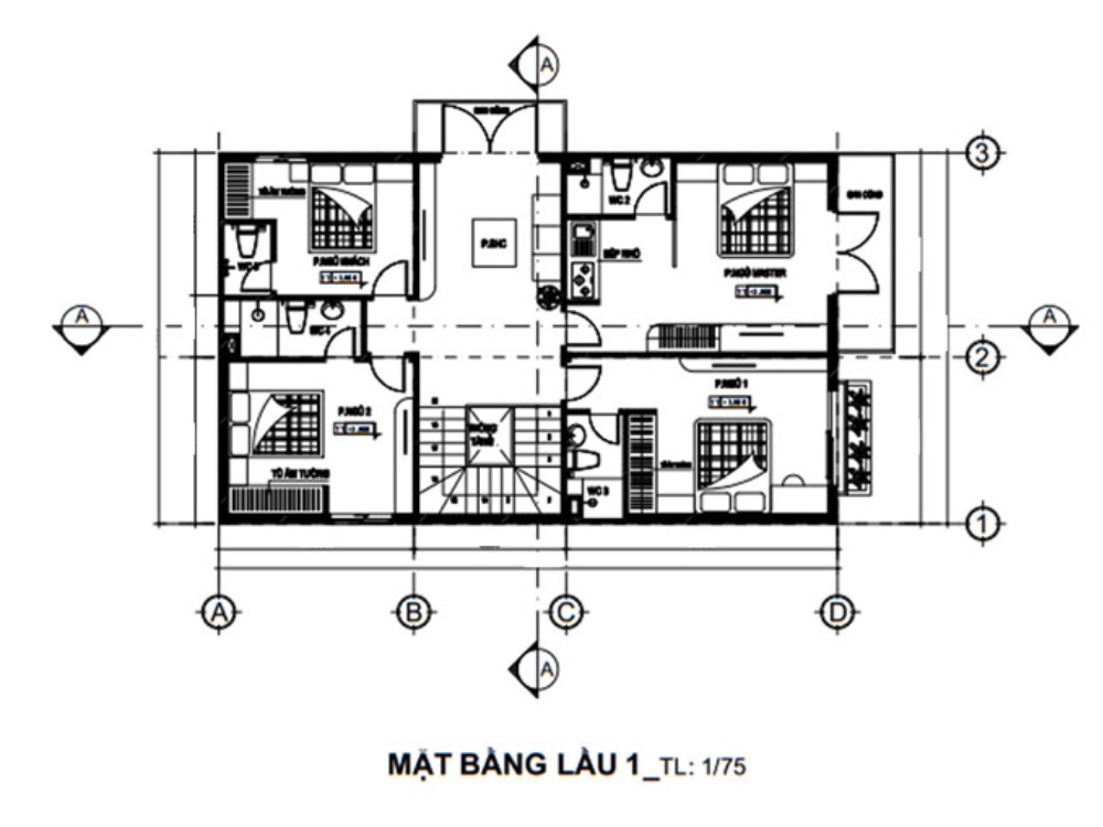 Sưu tầm - Bản vẽ mặt bằng tầng 2 (lầu 1) nhà phố 2 tầng 90m2