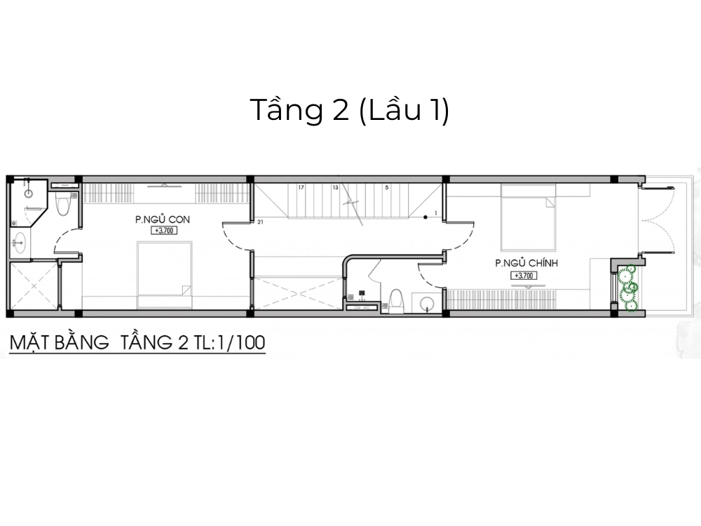 Sưu tầm - Bản vễ mặt bằng tầng 2 (lầu 1) nhà phố 3 tầng 4x16m