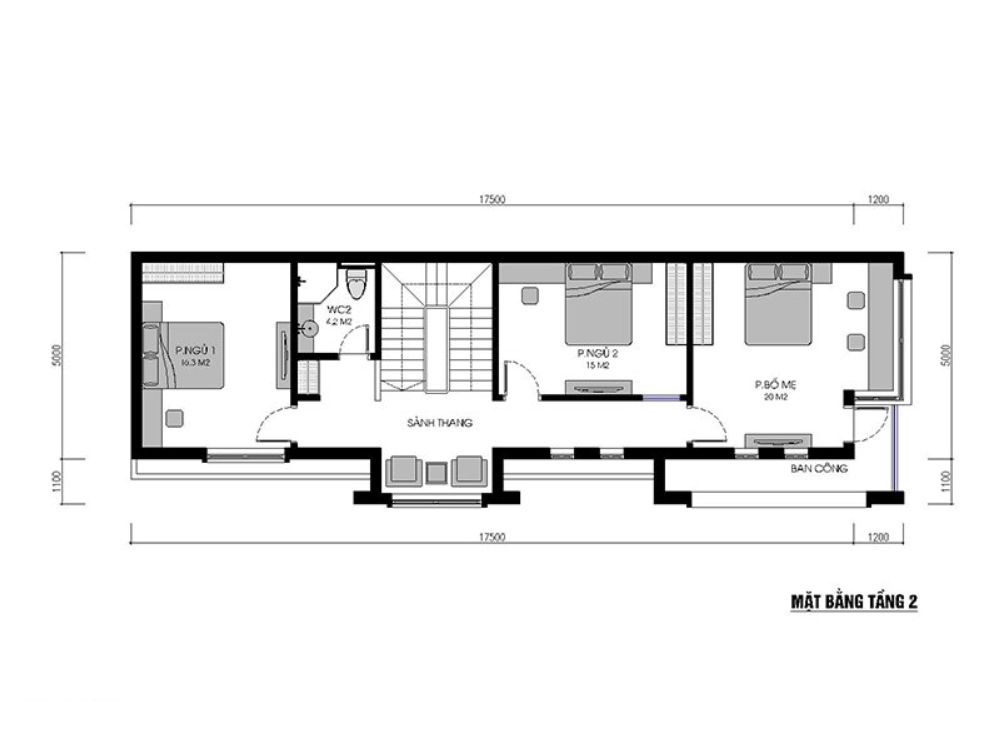 Sưu tầm - Bản vẽ mặt bằng tầng 2 (lầu 1 nhà phố 3 tầng 90m2