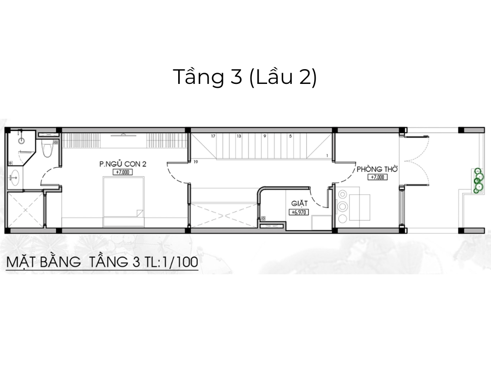 Sưu tầm - Bản vễ mặt bằng tầng 3 (lầu 2) nhà phố 3 tầng 4x16m