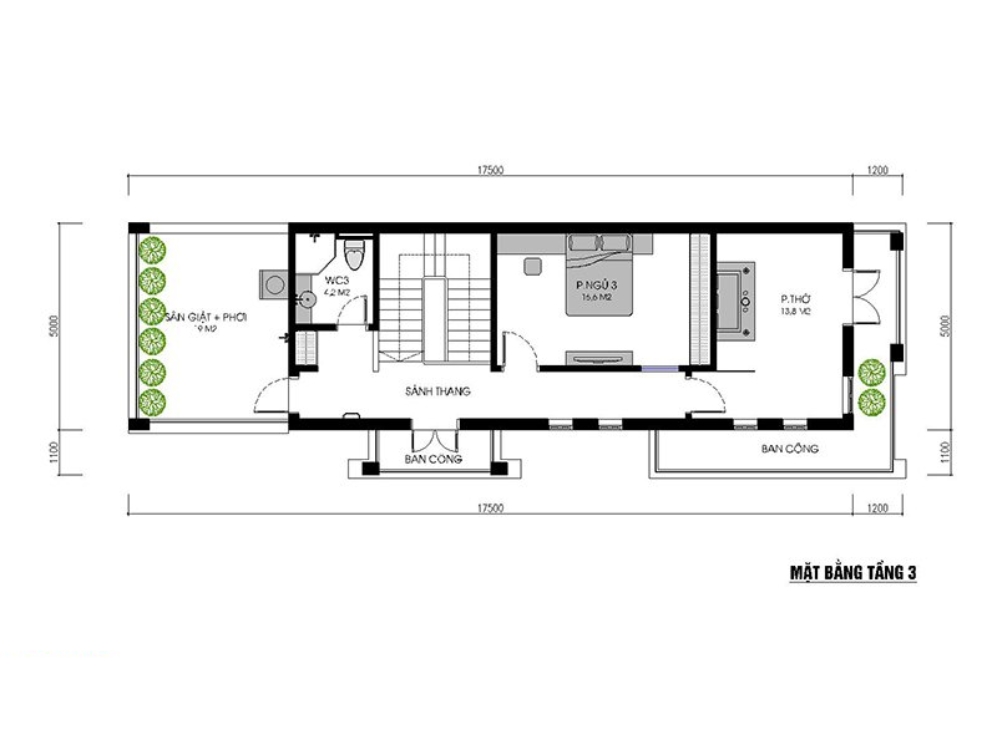 Sưu tầm - Bản vẽ mặt bằng tầng 3 (lầu 2) nhà phố 3 tầng 90m2