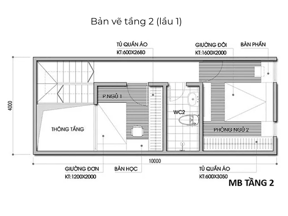 Sưu tầm - Bản vẽ mặt bằng nội thất tầng 2 nhà phố 4x10m
