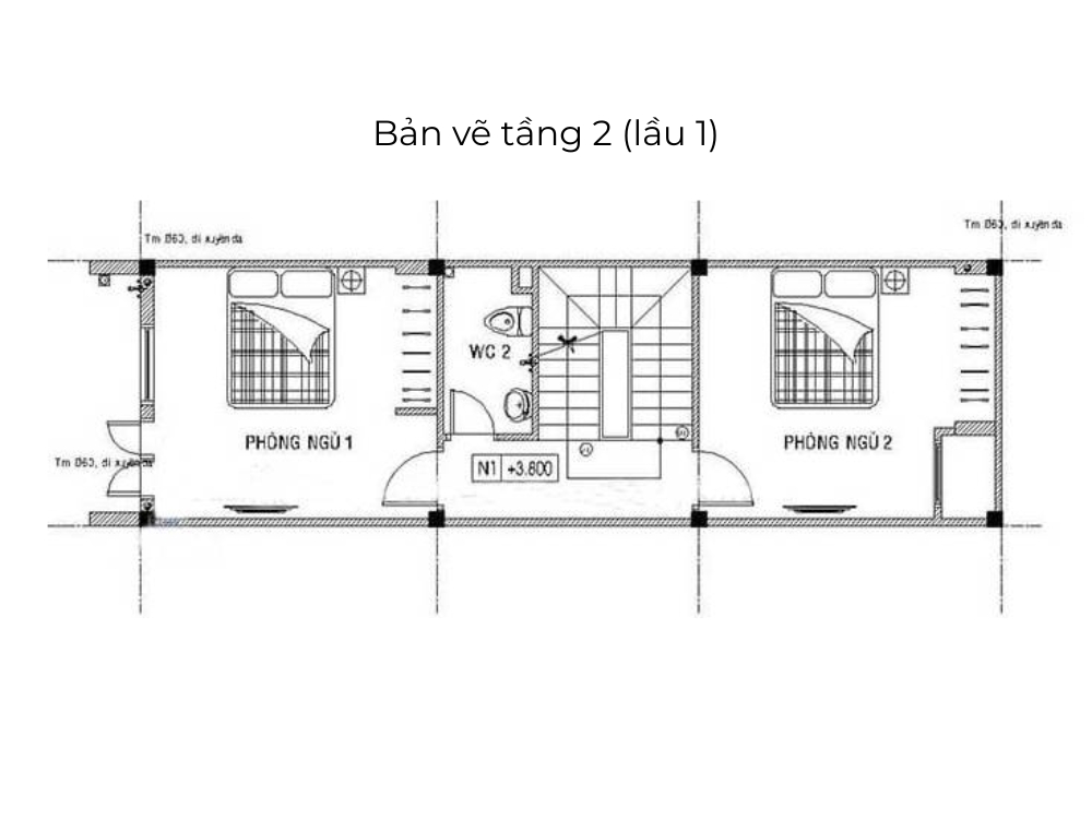 Sưu tầm - Bản vẽ tầng 2 (lầu 1) nhà phố 3 tầng 4x10m