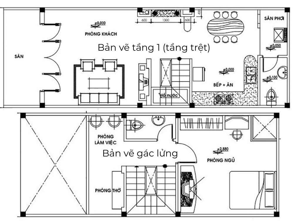 Sưu tầm - Bản vẽ thiết kế nội thất nhà phố 1 tầng 4x10m có gác lửng