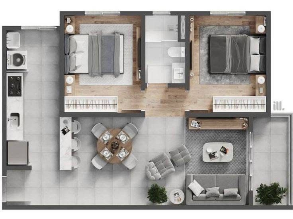 Mặt bằng tổng thể nội thất chung cư 70m2 - 2 phòng ngủ