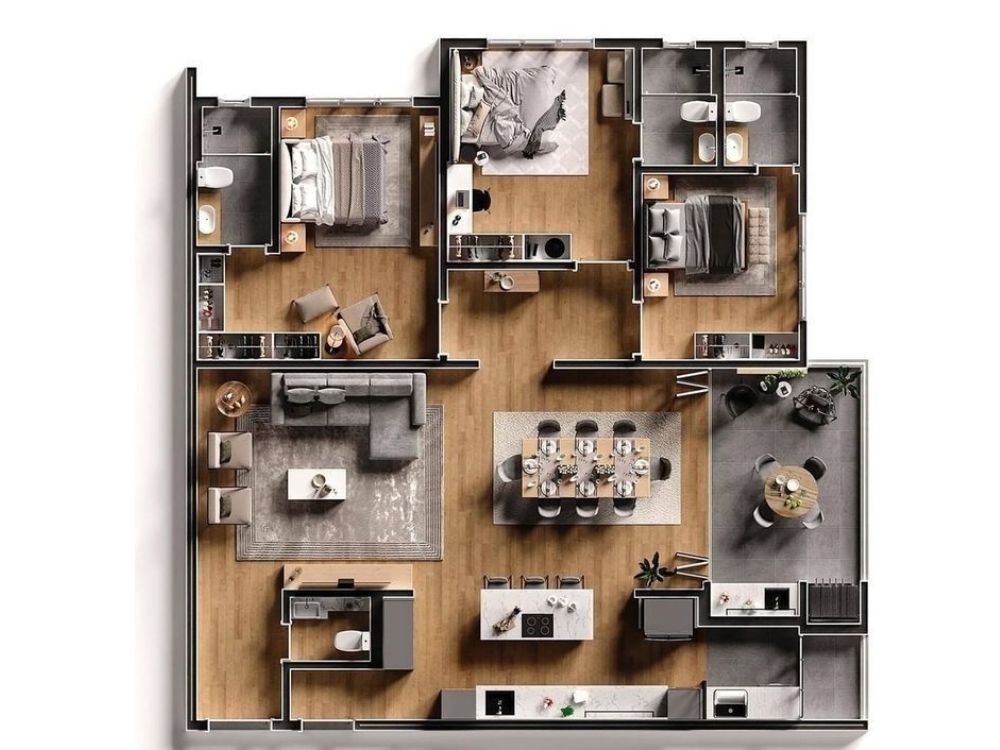 Mặt bằng tổng thể nội thất chung cư 70m2 - 3 phòng ngủ