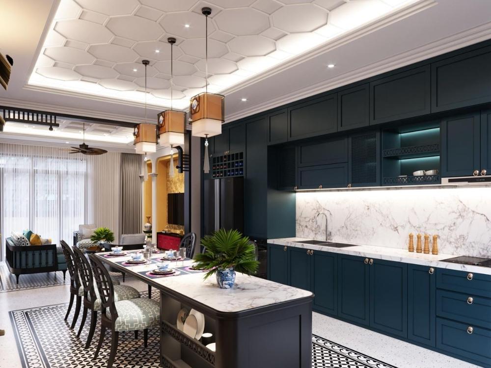 Phòng bếp chung cư 2 phòng ngủ theo phong cách Indochine liên thông phòng khách