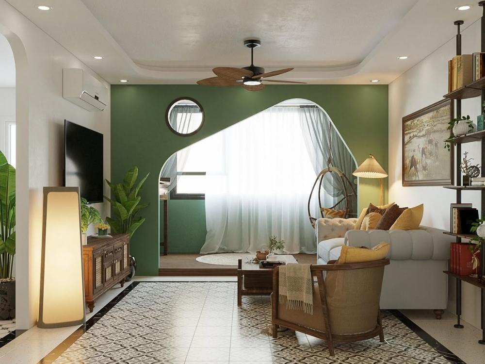 Phòng khách chung cư 2 phòng ngủ theo phong cách Indochine với gạch lát hoa văn