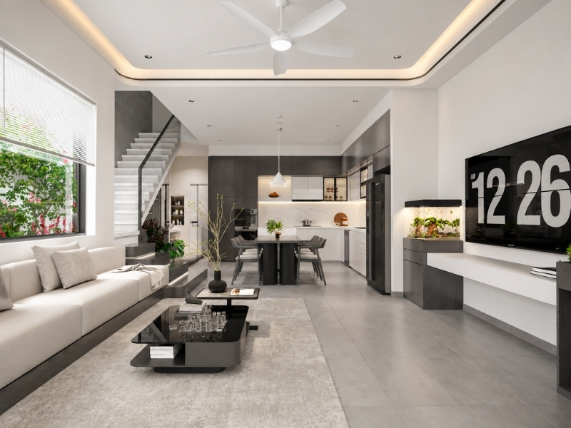 Thiết kế nội thất phòng khách nhà phố 2 tầng 60m2 trần thạch cao bo góc