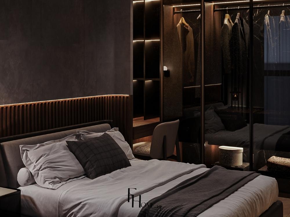 Thiết Kế Nhà Phố 2 Tầng 80m2 với phòng ngủ hiện đại, sử dụng gam màu tối chủ đạo