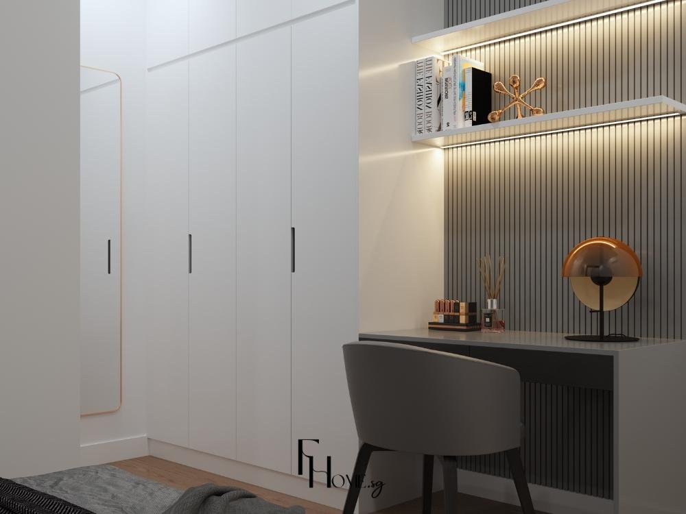 Thiết Kế Nội Thất Nhà 2 Tầng Đẹp 90m2 với phòng ngủ hiện đại, sử dụng gam màu sáng giúp không gian trở nên thoáng đãng và dễ chịu.