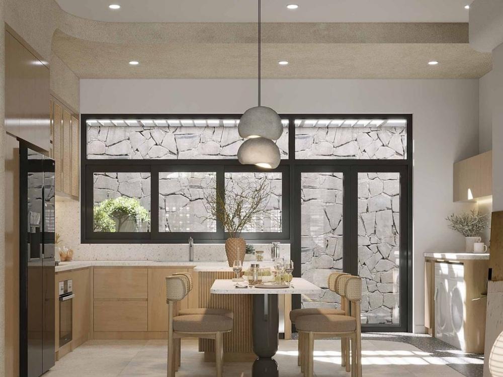 Thiết Kế Nội Thất Nhà Phố 2 Tầng Có 3 Phòng Ngủ với phòng bếp hiện đại, tối ưu hóa không gian với tủ bếp âm tường và các thiết bị tích hợp thông minh
